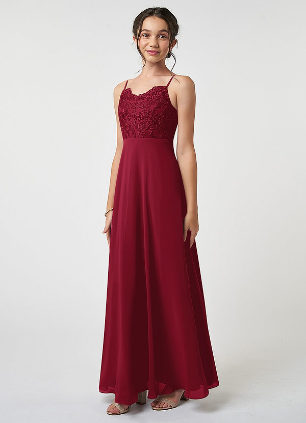 Azazie Sonya Junior Robe Trapèze en Mousseline de soie Dentelle Bourgogne image1
