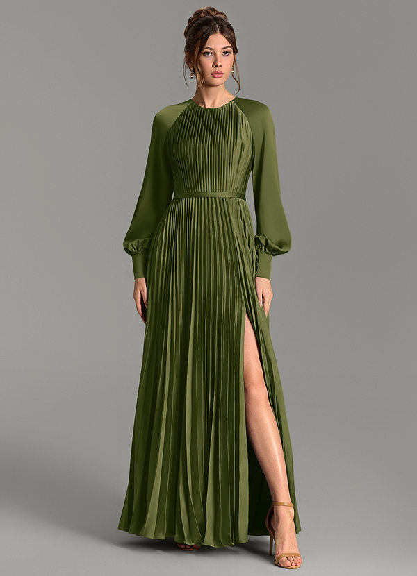 Grayson Vestidos de dama de honor Vestido Oliva Brillante de Satén Elástico de Línea A con Manga larga image1