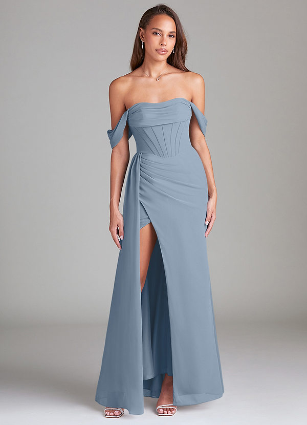 Azazie Amyra Bridesmaid Dresses Vestir Azul Empoeirado de Chiffon de Bainha com Fora do ombro image1