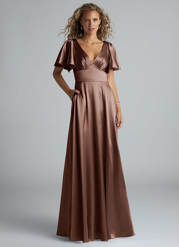 Azazie Kimber Bridesmaid Dresses Espresso A-Line Ruched Metallic Satin Dress image1