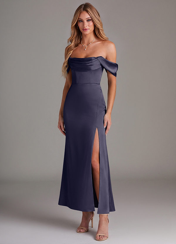 Azazie Saige 신부 들러리 드레스 인어 오프 더 숄더 스트레치 새틴 발목 길이 드레스 image1
