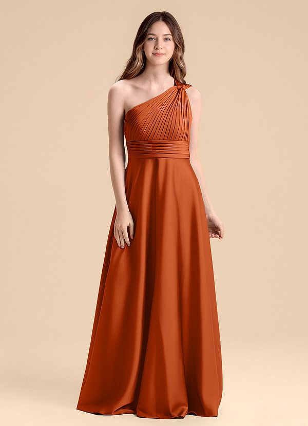 Azazie Charlize Junior Abito A-Line in Raso Elasticizzato Plissettato Arancia Bruciata image1