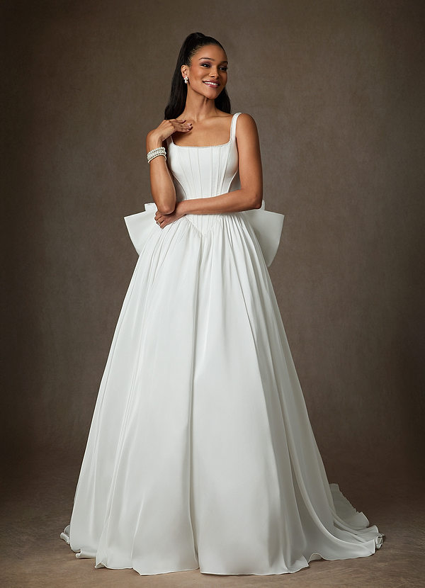 Azazie Cyanne Wedding Dresses Diamond White Ball-Gown with Pockets Stretch Satin Dress image1