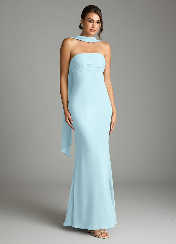 Azazie Saylor Vestidos de dama de honor Vestido Azul Nube de Gasa de Corte Sirena con Palabra de honor image1