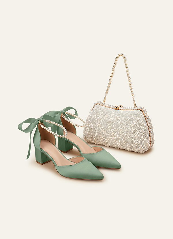 front Matching Color Matte Satin Pearl and Bow Pointed Toe Block Heels & Beaded Clutch Set