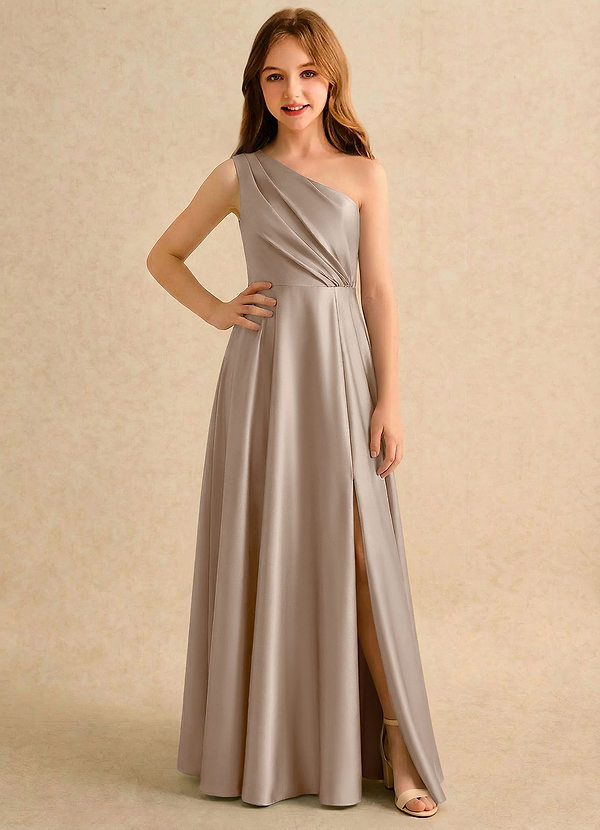 Azazie Puddles Girls Formal Flower Girl Dresses Taupe A-Line One Shoulder Stretch Satin Dress image1