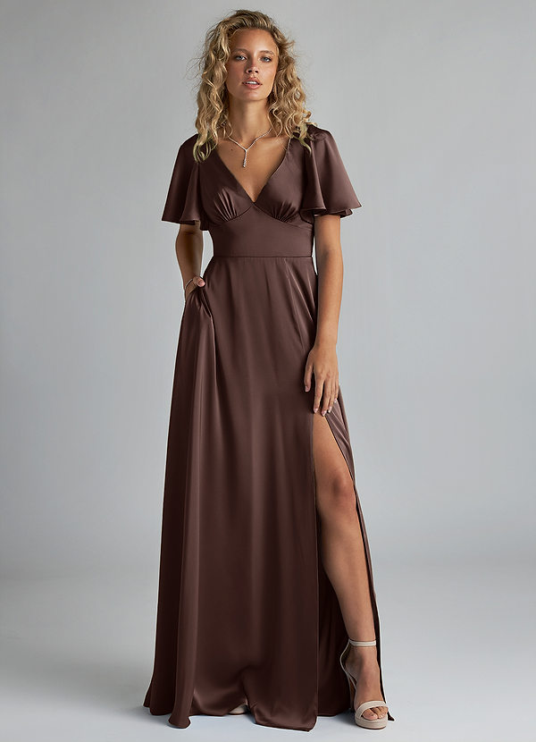 Azazie Kimber Bridesmaid Dresses Ganache A-Line Ruched Stretch Satin Dress image1