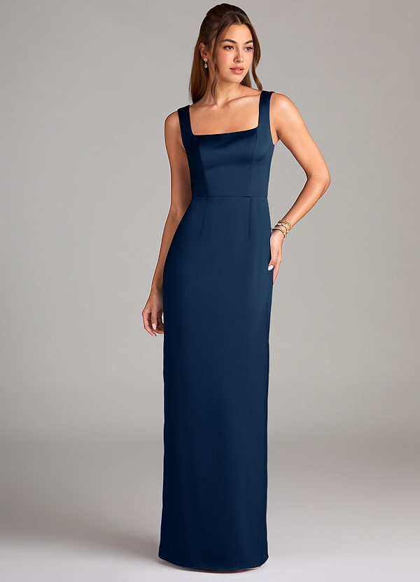 Azazie Flori Bridesmaid Dresses Dark Navy Sheath Side Slit Stretch Satin Dress image1