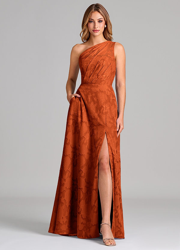 Azazie Phaedra Bridesmaid Dresses Paprika A-Line One Shoulder Floral Burnout Dress image1