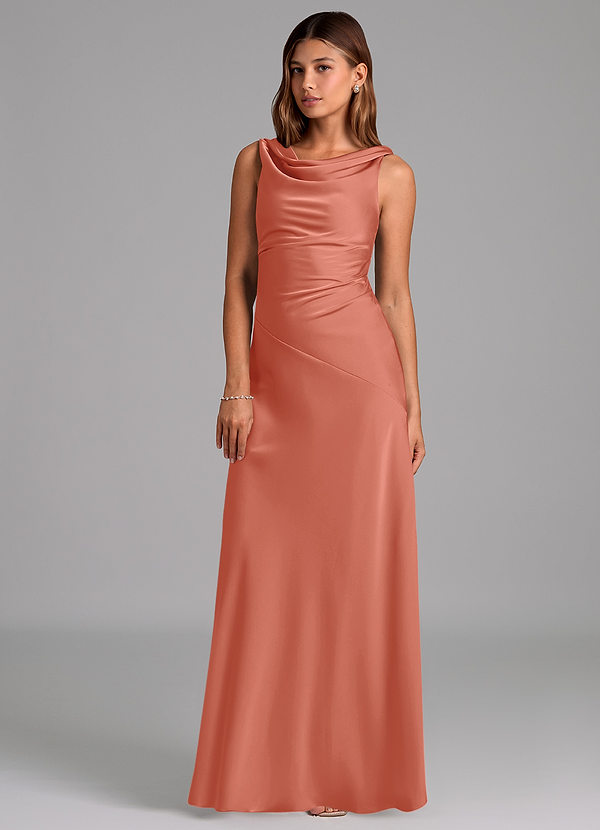 Azazie Nerine Bridesmaid Dresses Salmon Pink A-Line Pleated Stretch Satin Dress image1