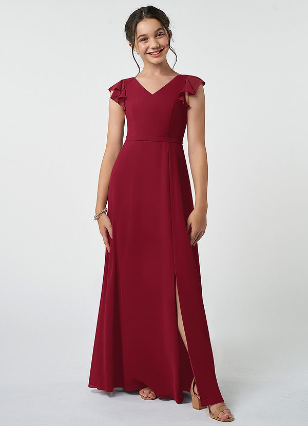 Azazie Claudine Junior Burgundy A-Line Pleated Chiffon Dress image1