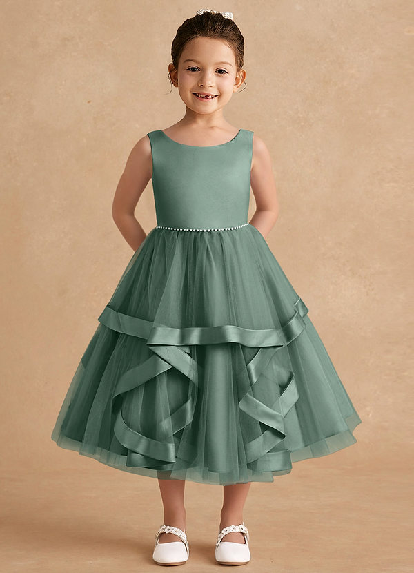 Azazie Posy Blumenkinder Kleider A-Linie Mit Perlen Tüll Kleid Eukalyptus image1
