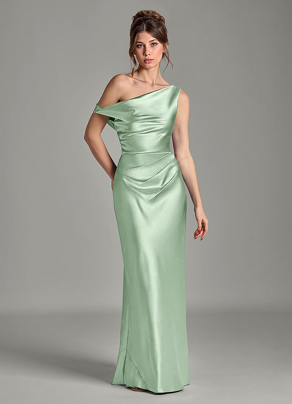 Azazie Emerson Bridesmaid Dresses Matcha Mermaid Off the Shoulder Metallic Satin Dress image1