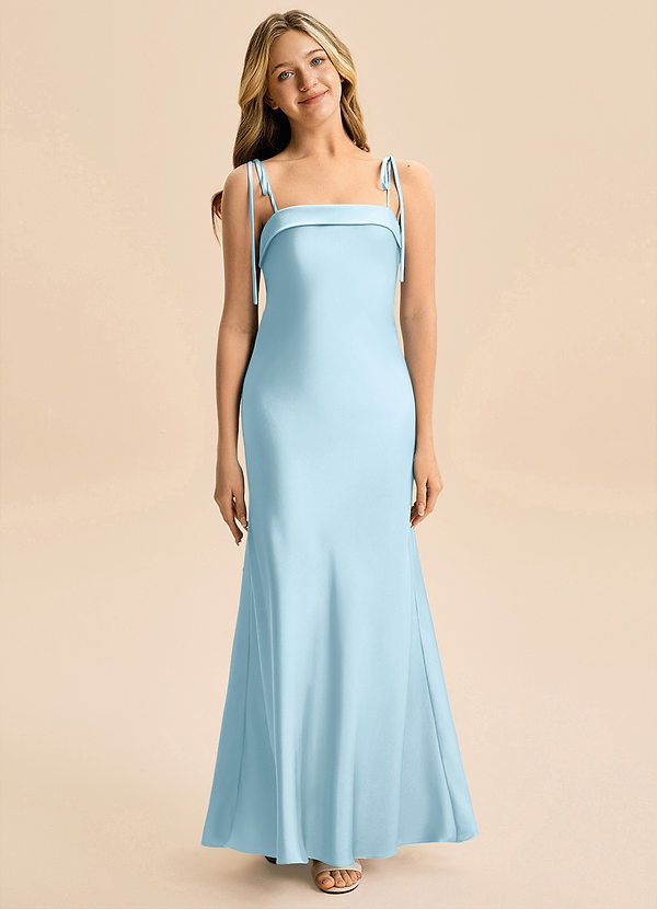 Azazie Willa Junior Vestido de Azul Cielo de Satén Elástico de Corte en A con Lazo image1