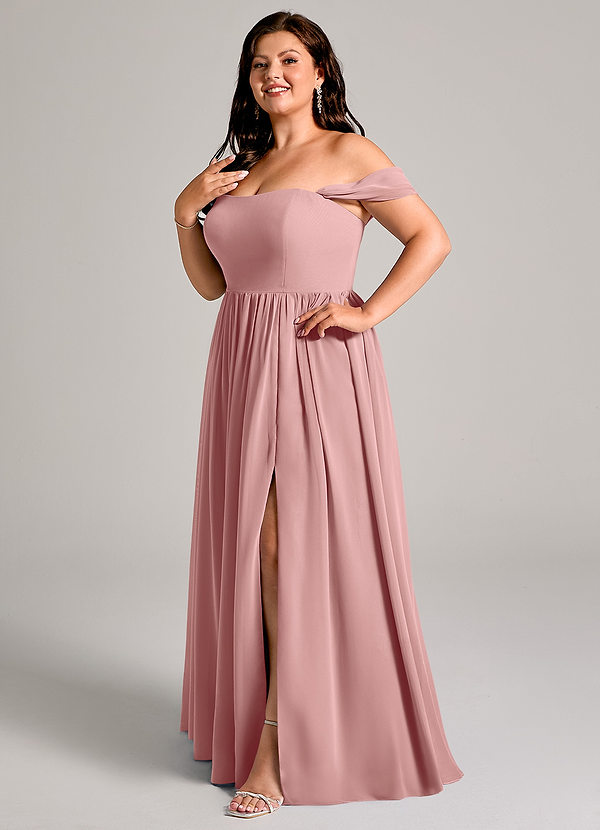 Azazie Calianna Brautjungfernkleider Wandelbar A-Linie Schulterfrei Chiffon Kleid Altrosa image1