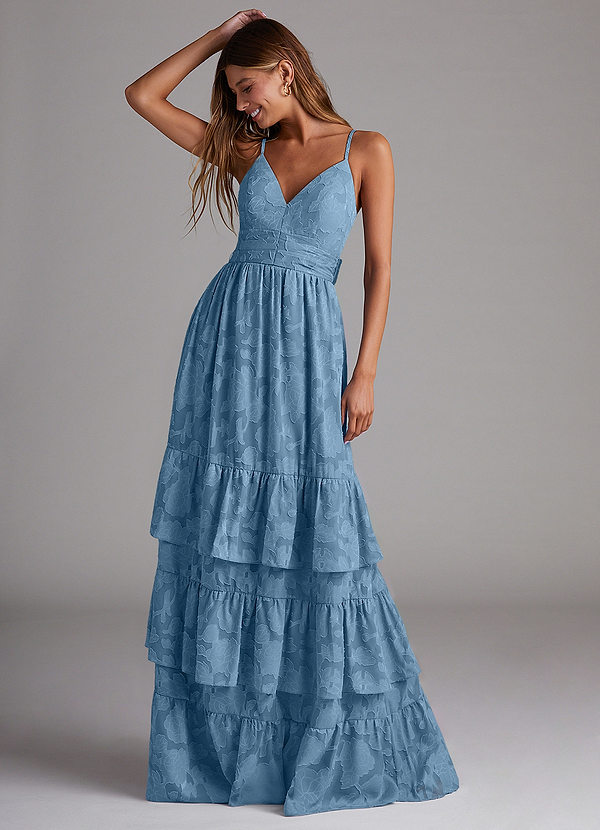 Azazie Nathalia Bridesmaid Dresses Steel Blue A-Line Bow Floral Burnout Dress image1
