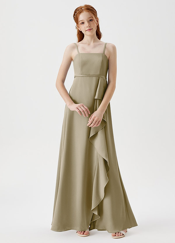 Azazie Kaylee Junior Robe Trapèze en Satin extensible avec ceinture Vert Mousse image1
