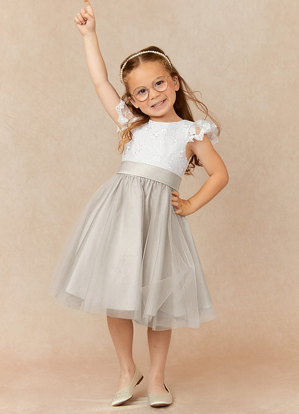 Azazie Vetty Flower Girl Dresses Ivory Frost A-Line Lace Tulle Dress image1