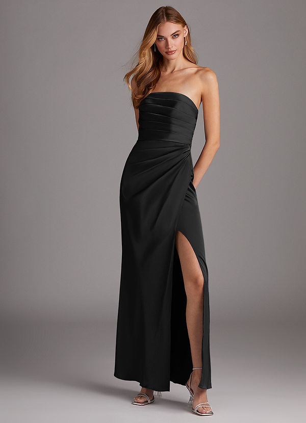 Azazie Lexie Bridesmaid Dresses Black Sheath Strapless Stretch Satin Convertible Dress image1
