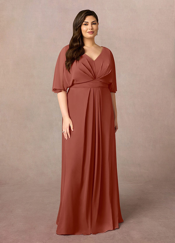 Azazie Oksana Vestidos de Madre de la Novia Vestido de Castaño de Gasa de Corte En A con Cuello en V Plisado image1