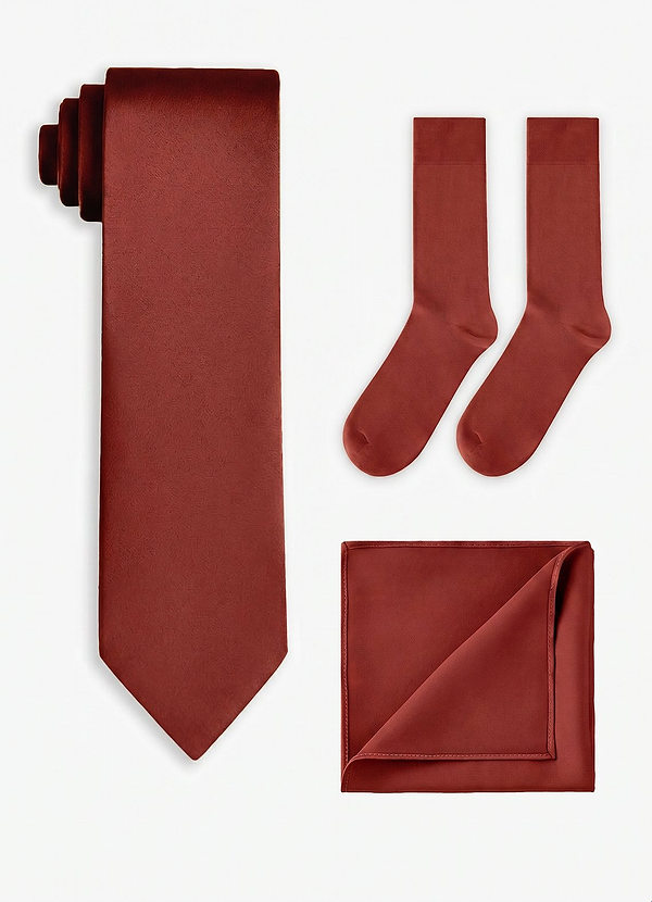 front Conjunto de corbata ancha de satén elástico, pañuelo de bolsillo y calcetines a juego