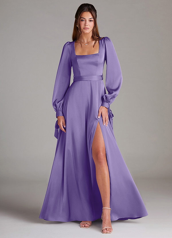 Azazie Leonia Robes de demoiselle d'honneur Robe Trapèze en Satin extensible Manches longues Tahiti image1