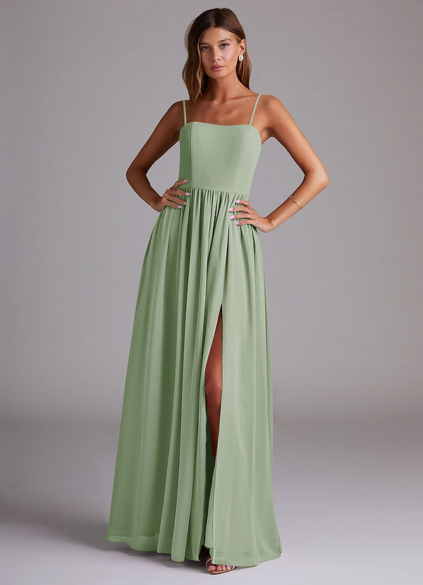Azazie Calianna Robes Demoiselle d'honneur Robe Trapèze Convertible en Mousseline de soie Épaule décolletée Vert Sauge image1