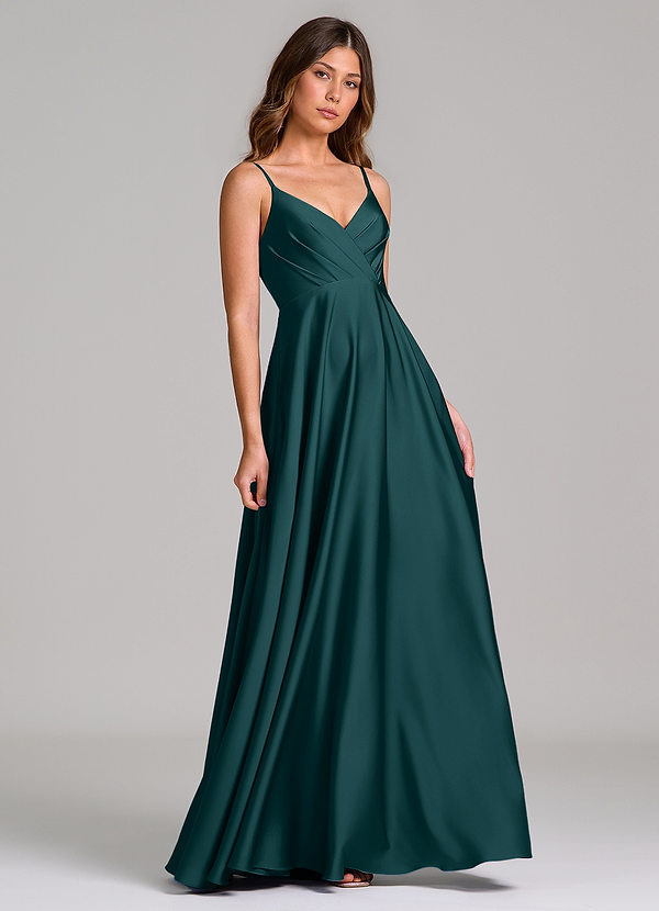 Azazie Amani Bridesmaid Dresses Pine A-Line Pleated Stretch Satin Dress image1