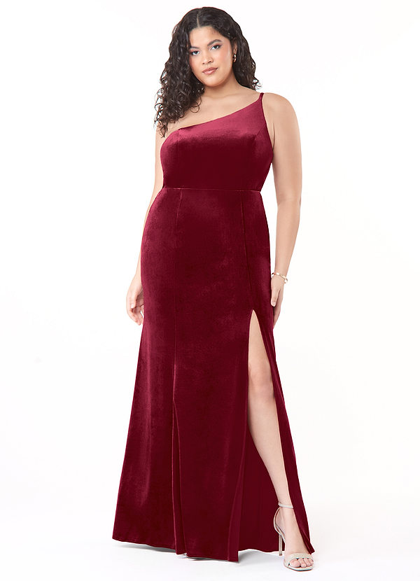 Azazie Kala Bridesmaid Dresses Burgundy A-Line One Shoulder Velvet Dress image1
