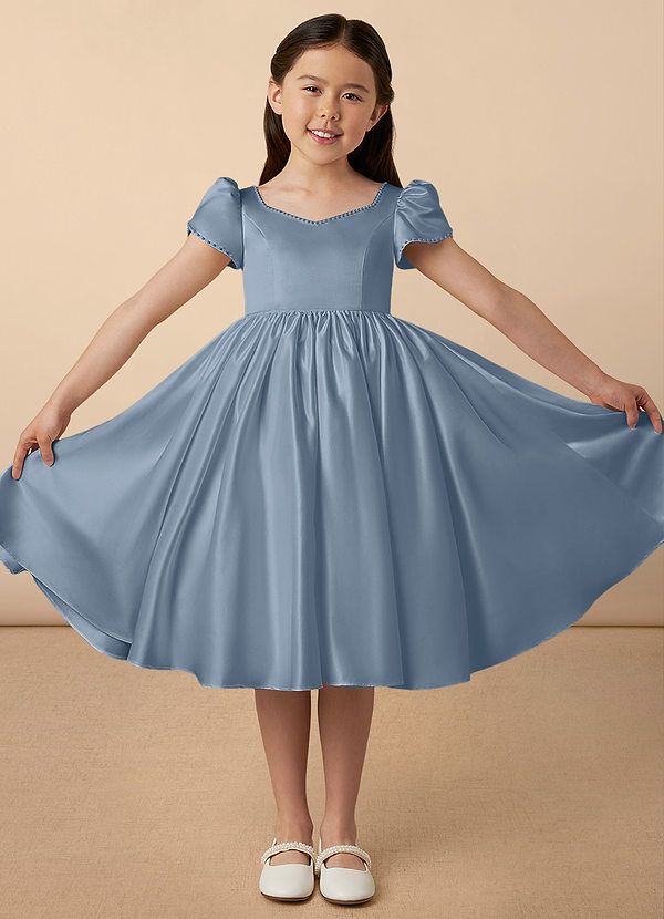 Azazie Juno Flower Girl Dresses Dusty Blue A-Line Sweetheart Neckline Matte Satin Dress image1