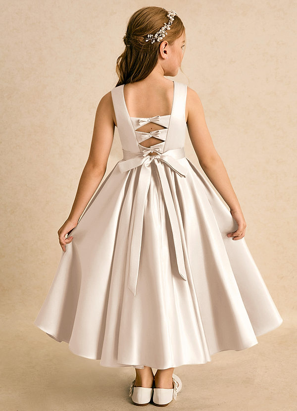 Azazie Junebuj Flower Girl Dresses White Alabaster Ball-Gown Pleated Matte Satin Dress image1