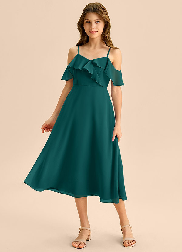 Azazie Kamilla Junior Abito A-Line in Chiffon a Spalla Scoperta Verde Pavone image1