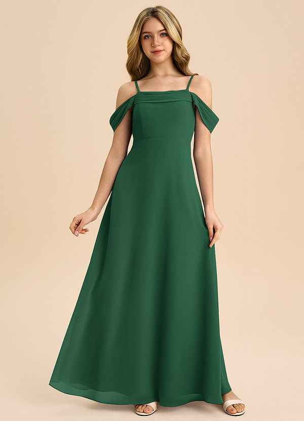 Azazie Anselie Junior Dark Green A-Line Off the Shoulder Chiffon Dress image1