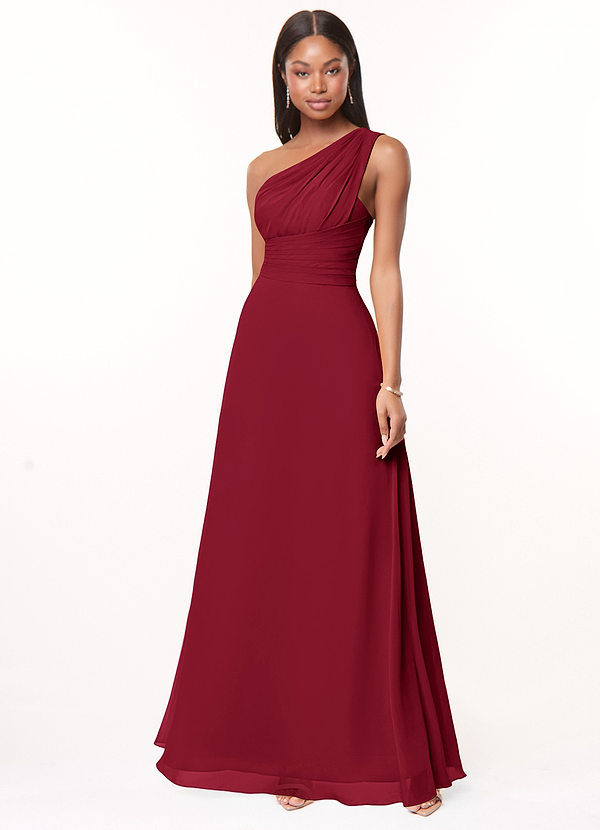 Azazie Ashley Bridesmaid Dresses Burgundy A-Line Ruched Chiffon Dress image1