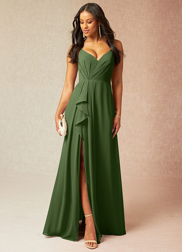 Azazie Kyedae Abiti da Damigella Abito A-Line in Chiffon con Scollo a V a Pieghe Oliva image1
