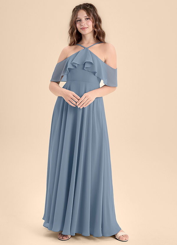 Azazie Tessabelle Junior Abito A-Line in Chiffon a Spalla Scoperta Blu Polveroso image1