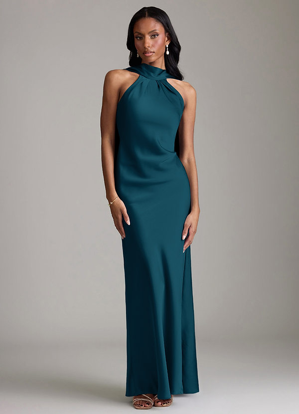 Azazie Cassiana Bruidsmeisjes Jurken Jurk van Stretch Satijn met Zeemeermin Geplooid Inkt Blauw image1