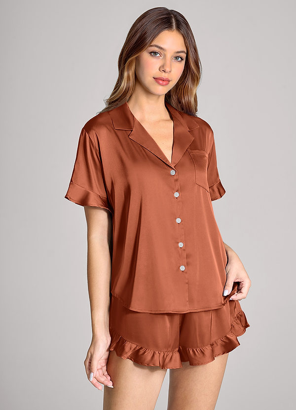 front Conjunto de pijama de manga corta con volantes de color a juego