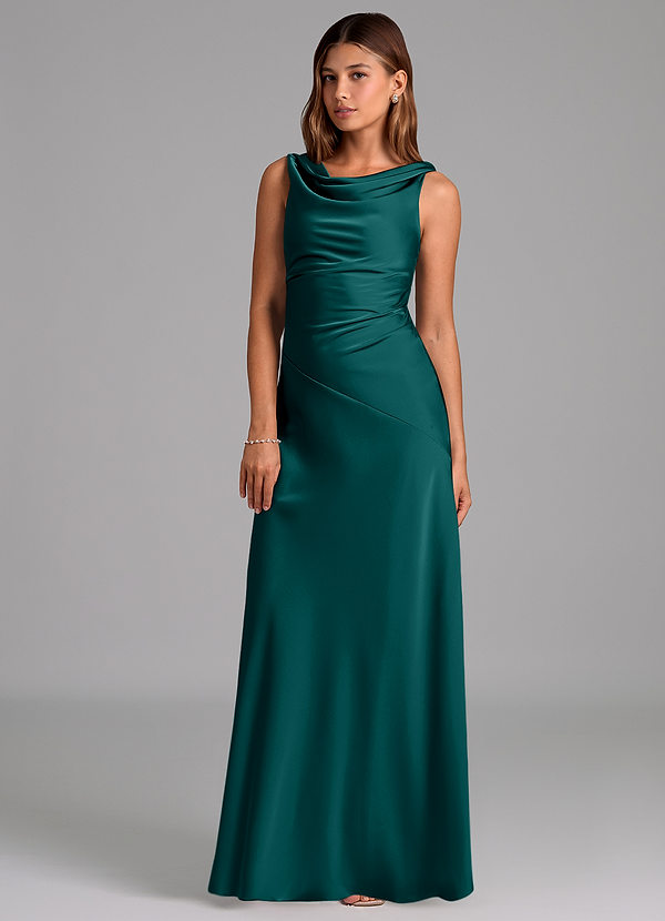 Azazie Nerine Brudtärneklänningar Klä av A-Linje i Stretch Satin Plisserad Påfågelblå image1