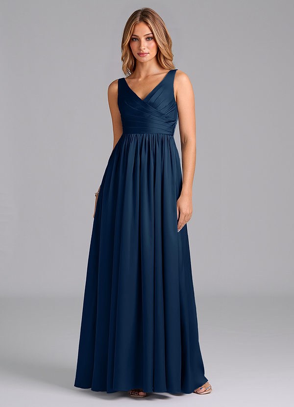 Azazie Keyla Bridesmaid Dresses Dark Navy A-Line Pleated Stretch Satin Dress image1