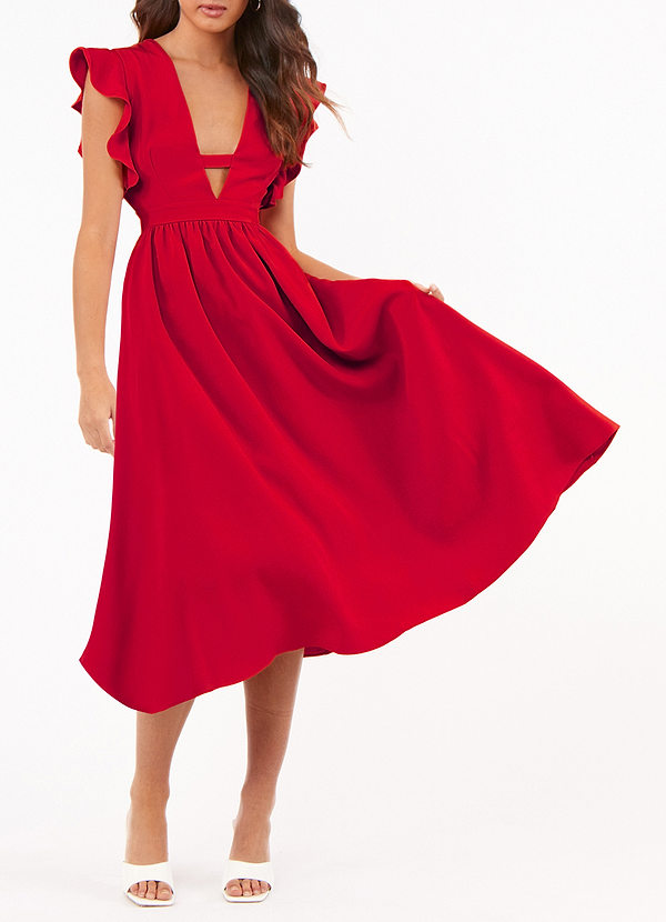 front Regal Ruffles Red Satin Flutter Sleeve Midi Dress