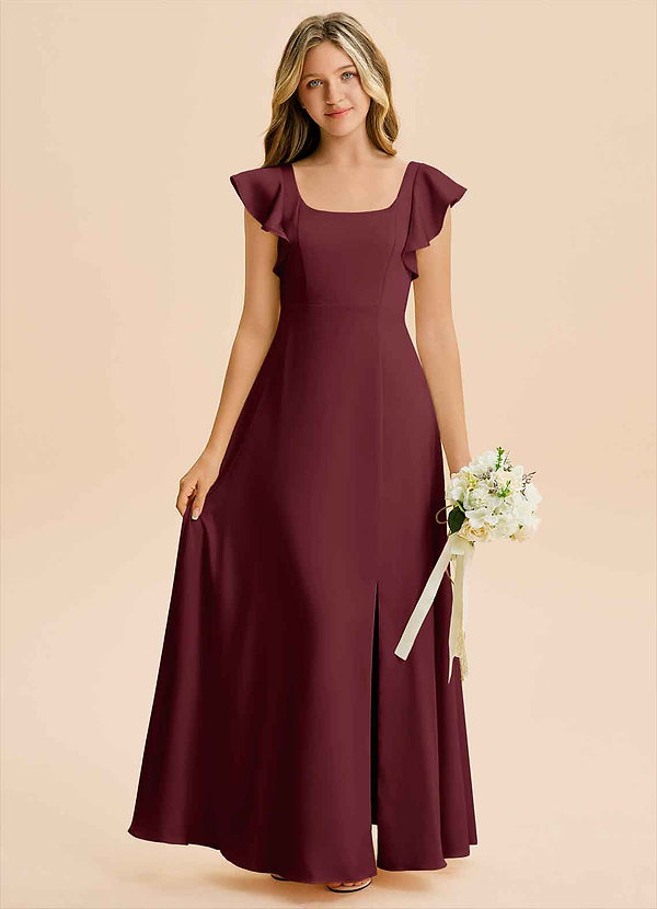 Azazie Bondi Junior Cabernet A-Line Side Slit Stretch Satin Dress image1