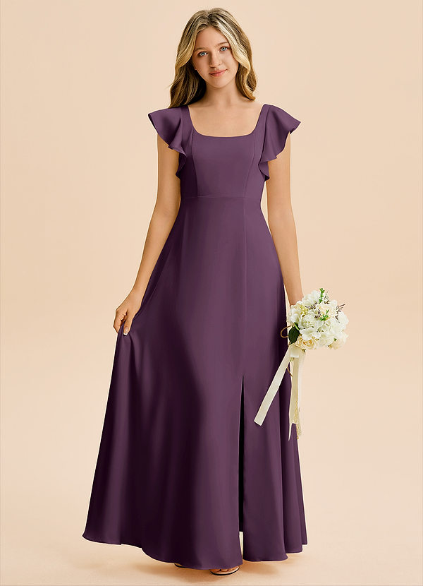 Azazie Bondi Junior Vestido de Ciruela de Satén Elástico de Corte en A con Corte Lateral image1