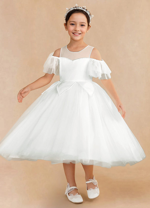 Azazie Roselia Flower Girl Dresses Ivory A-Line Pleated Tulle Dress image1