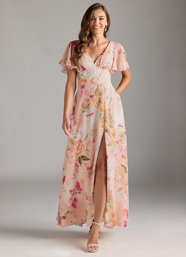 Azazie Kimber Bridesmaid Dresses Abstract Bouquet Floral A-Line Flounce Sleeve Chiffon Dress image1