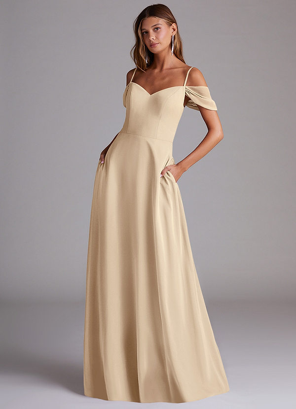 Azazie Marley Robes Demoiselle d'honneur Robe Trapèze Convertible en Mousseline de soie Épaule décolletée Champagne image1