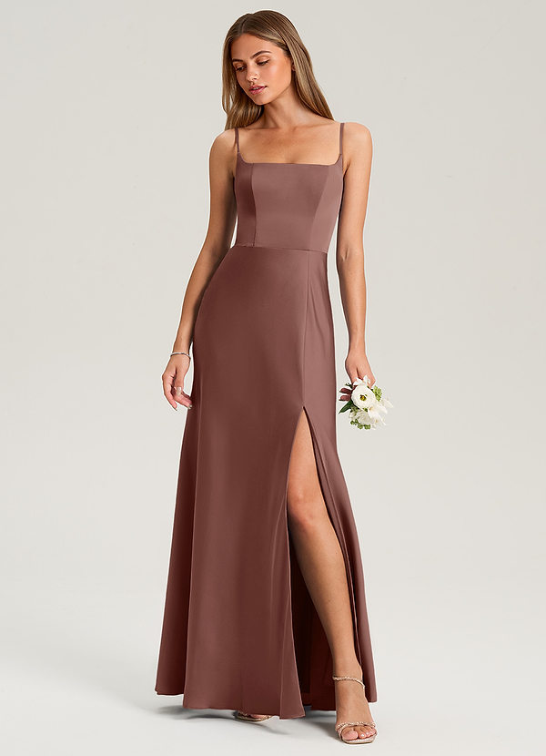 Azazie Lidia Bridesmaid Dresses Espresso Mermaid Side Slit Stretch Satin Dress image1