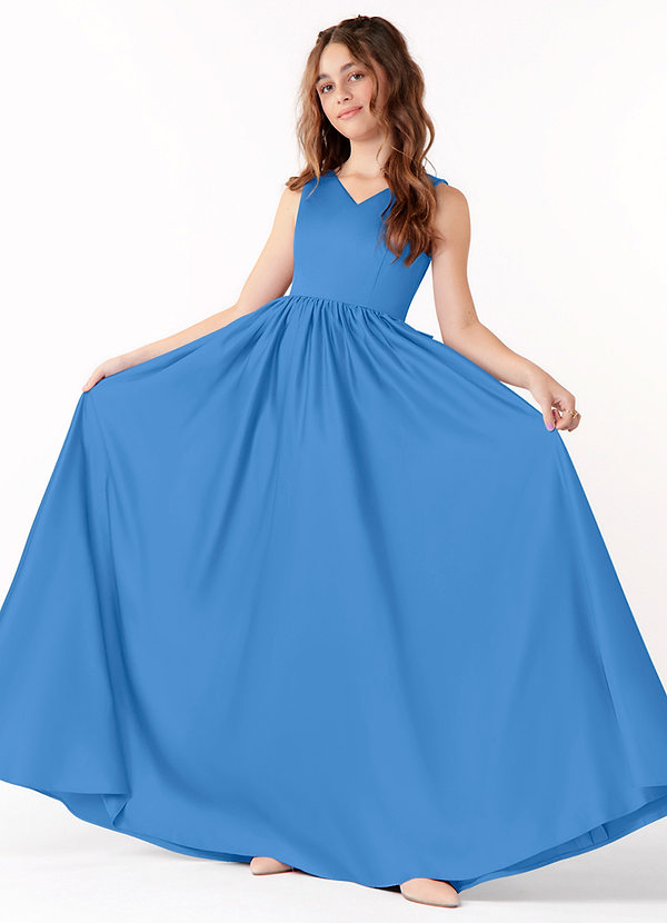 Azazie Hathaway Junior Blue Jay A-Line Bow Matte Satin Dress image1