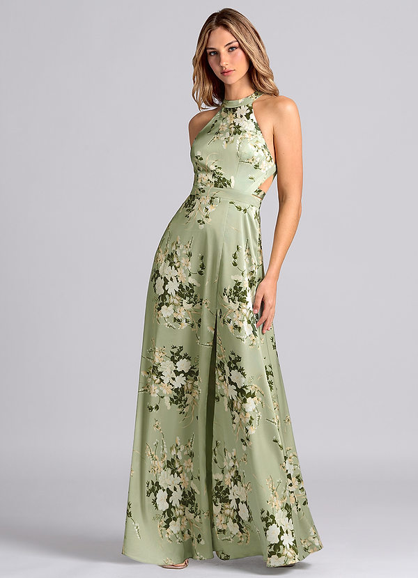 Azazie Clarice Bridesmaid Dresses Floral Vines A-Line High Neck Stretch Satin Dress image1