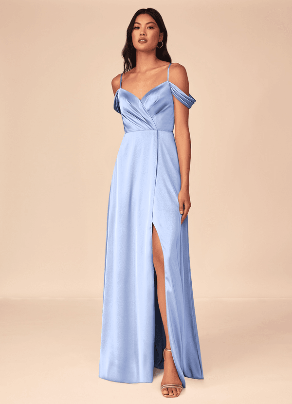 Azazie Ocean Abiti da Damigella Abito A-Line in Raso Elasticizzato con Scollo a V a Pieghe Ghiaccio image1